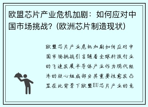 欧盟芯片产业危机加剧：如何应对中国市场挑战？(欧洲芯片制造现状)