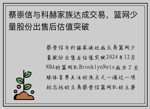 蔡崇信与科赫家族达成交易，篮网少量股份出售后估值突破