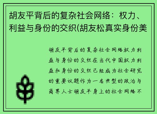 胡友平背后的复杂社会网络：权力、利益与身份的交织(胡友松真实身份美篇)