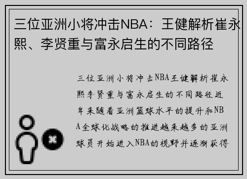 三位亚洲小将冲击NBA：王健解析崔永熙、李贤重与富永启生的不同路径